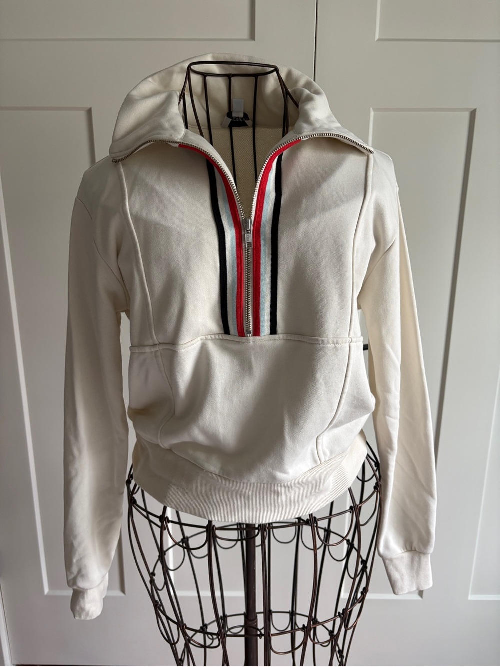Evereve Cream Quarter‑Zip Hoodie with Red and Black Stripe